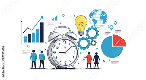 A detailed infographic about business time management and productivity with a large clock surrounded by various icons.