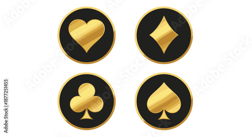 A set of four shiny golden playing card suit icons hearts diamonds clubs and spades on black circular backgrounds.
