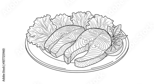 A black and white line art illustration of two salmon steaks on a plate with lettuce and lemon for a coloring page.