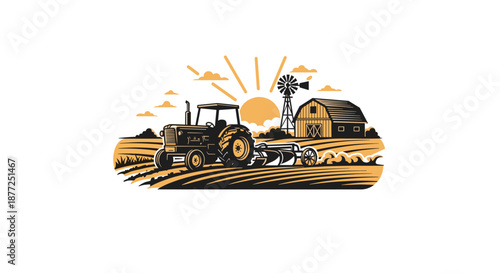 A retro-style logo or emblem of a tractor plowing a field at sunrise with a barn and windmill in the background.