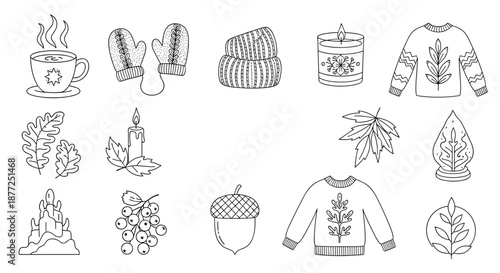 A cute collection of hand-drawn doodle icons for the cozy autumn season including sweaters candles leaves and a hot drink.