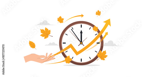 A conceptual illustration for the end of daylight saving time with a clock falling leaves and a rising growth arrow.
