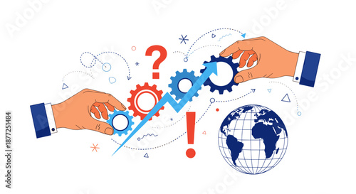 A business teamwork concept with hands fitting gears together over a rising arrow to solve problems for global success.