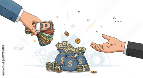 A financial transaction concept with one hand giving a large stack of cash to another hand over bags of money.
