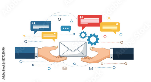 A business communication concept with two hands exchanging an email envelope surrounded by message bubbles and gear icons.