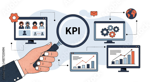 A business analytics concept with a hand holding a magnifying glass on KPI surrounded by computer screens with data.
