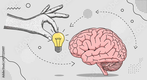 A retro-style illustration showing the process of generating an idea with a hand giving a lightbulb to a human brain.