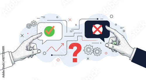 A conceptual illustration of decision making with two hands pointing at positive and negative choices over a question mark.
