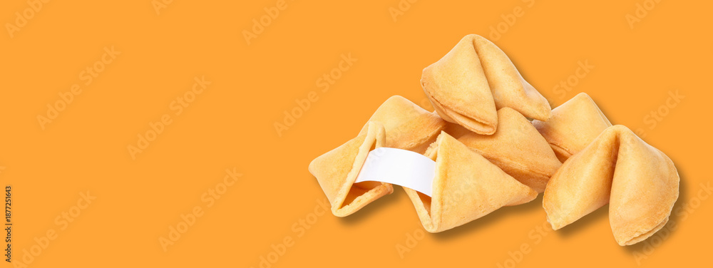 Obraz premium Fortune cookies stacked together on a vibrant orange background
