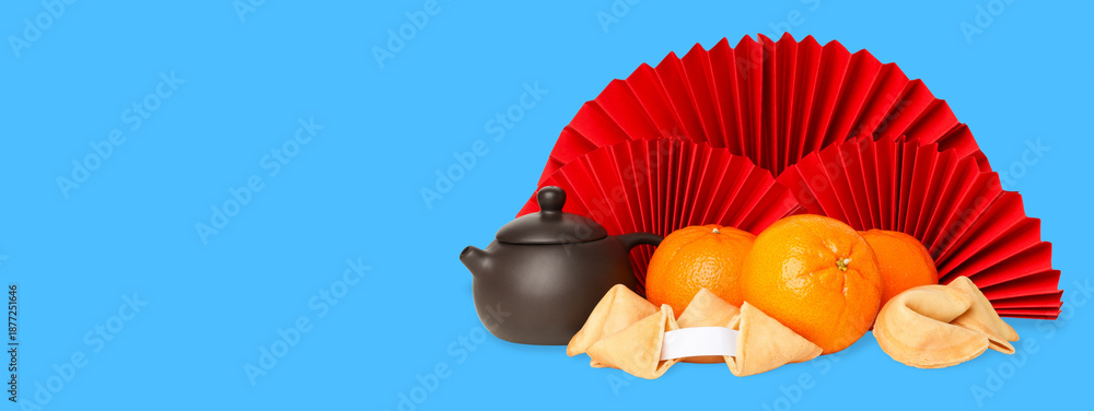 Obraz premium Fruits and traditional dishes set against a bright backdrop