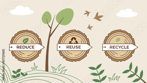 Eco friendly reduce reuse recycle concept with tree and leaves