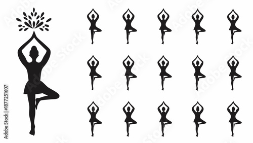 Black silhouettes of women in various yoga tree poses