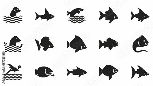 Collection of stylized fish and marine animal icons.