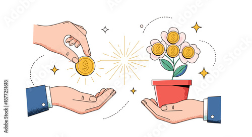 Conceptual illustration of investing money with hands exchanging a coin and another hand holding a blooming money flower.