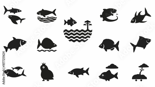 Collection of stylized fish icons and aquatic scenes.
