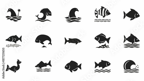 Collection of Stylized Fish Icons in Silhouette.