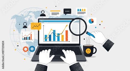Business analyst at a laptop using a magnifying glass to research data charts and graphs for a financial market report.