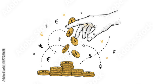 A simple line art illustration of a hand dropping coins representing investment with various international currency symbols.