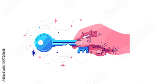 A textured hand holding a bright blue key surrounded by sparkles representing finding a solution or the key to success.