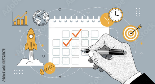 An illustration for business planning showing a hand marking a calendar with a rocket launch and target icons nearby.