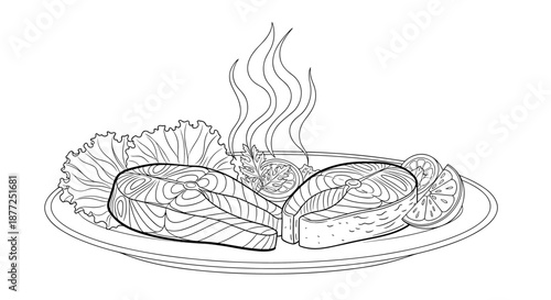 Detailed line art illustration of two delicious steaming salmon steaks on a plate with lemon and lettuce for a coloring book.