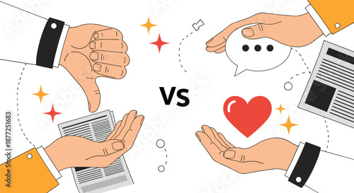 A conceptual illustration of public relations comparing traditional media versus modern social media engagement and feedback.