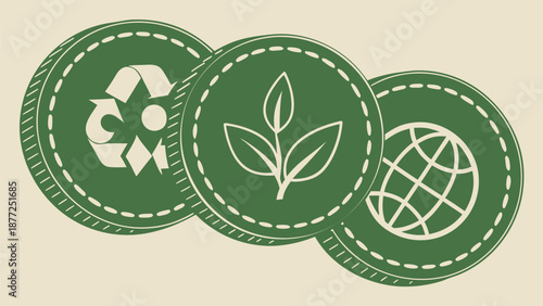 Eco friendly symbols on green badges for sustainable living