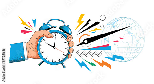 A dynamic abstract illustration representing the pressure of time with a hand holding a ringing alarm clock and a globe.