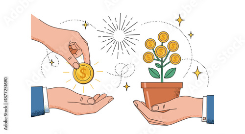 A conceptual illustration about business investment with one hand giving a coin and another holding a growing money plant.