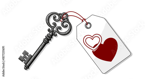 A beautiful vintage ornate key with a white tag attached showing two red hearts symbolizing the key to a lover's heart.
