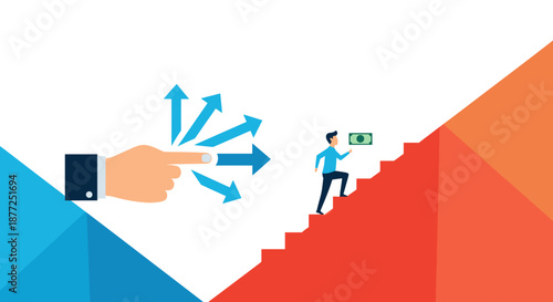 Business guidance concept showing a large hand pointing multiple directions and a man climbing financial success stairs.