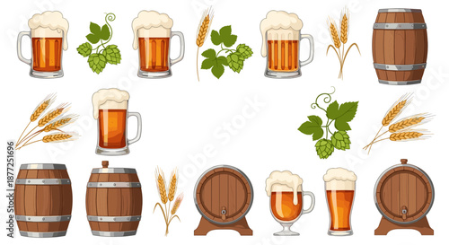 A large set of vector cartoon illustrations for a brewery including beer mugs barrels hops and wheat ears on white.