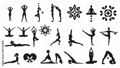Yoga poses and meditation silhouettes for wellness and fitness concepts