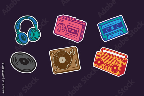 Set of retro analog music players and cassette recorder stickers, headphones, tape, jukebox, boombox. Vector hand drawn doodle style audio devices - turntable, vinyl record design illustration