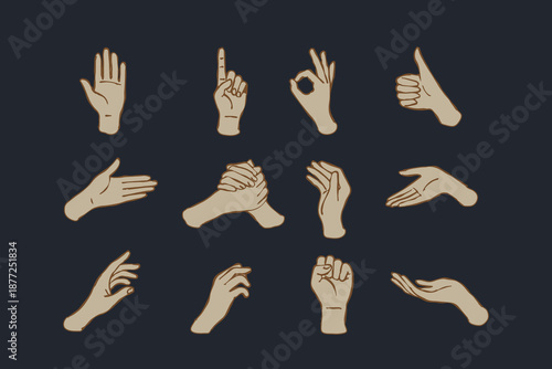 Set of human arms in doodle style. Vector stickers hand drawn different man woman hands showing signs. body language Non-verbal or manual communication