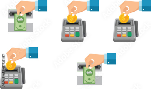 Cash and coin payment vector set with hands using ATM and POS terminal for financial transaction illustration