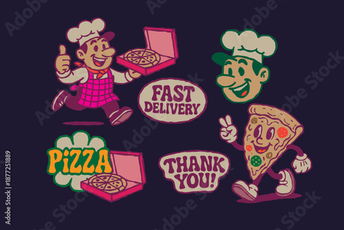 Chefs pizza delivery man characters in retro doodle 90s style. Vector sticker hand drawn Vintage poster, fast food online ordering. illustration of a pizzeria with a man in an apron