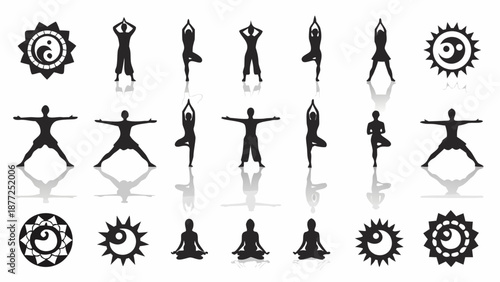 Yoga poses and symbols for wellness and meditation practices