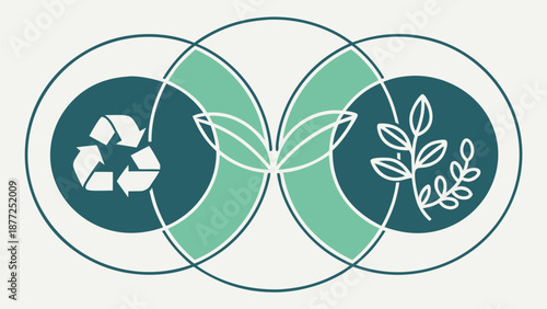 Eco friendly recycling symbol with leaves in green circles
