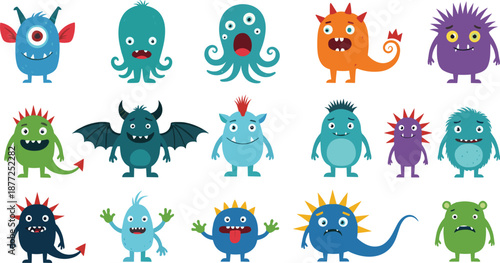 Cute colorful cartoon monster character set featuring funny creatures with unique shapes, expressions, and playful fantasy designs