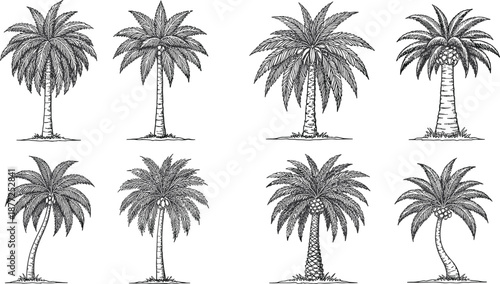Detailed hand-drawn palm tree illustration set featuring tropical silhouettes, exotic foliage, and vintage botanical style vector designsDetailed hand-drawn palm tree illustration set 