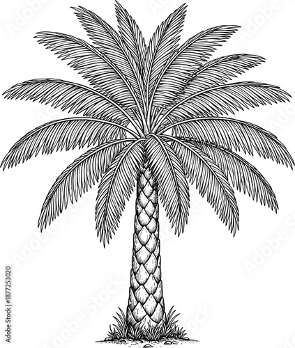 Detailed hand-drawn palm tree illustration featuring textured leaves and a patterned trunk in vintage botanical engraving style