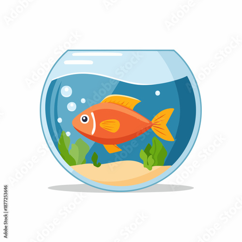 Cartoon goldfish swims in a clear water filled glass fishbowl against white background