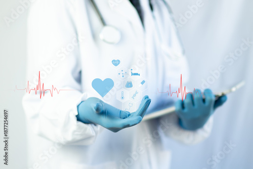 Doctor holding digital heart with ECG line waveform and medical icons, represent examination cardiology care, heart health monitoring, diagnosis, prevention, advanced digital healthcare technology.