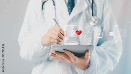 Doctor using digital tablet with medical interface icons showing electronic health records, AI healthcare analytics, clinical documentation, patient data security, modern hospital workflow technology.