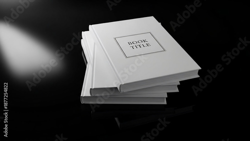 Blank white books stacked on a reflective dark surface with spotlight effect