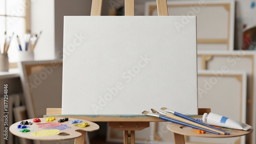 Artist Studio Setup with Blank Canvas and Paint Supplies Ready for Creation