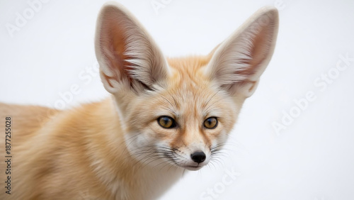 Close up portrait of a fennec fox with large ears against a plain background