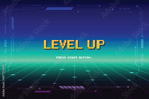 LEVEL UP. pixel art 8 bit. Retro Futurism Sci-Fi Background. glowing neon grid. and stars from vintage arcade computer games	