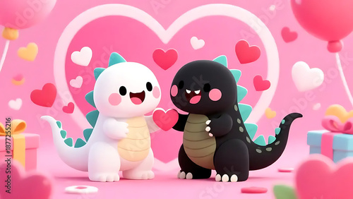 Cute 3D Dinosaur Couple Celebrating Love with Hearts